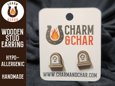 Grave with Cross Wood Stud Earrings - Halloween Fashion Earring - Stud Earring - Charm and Char